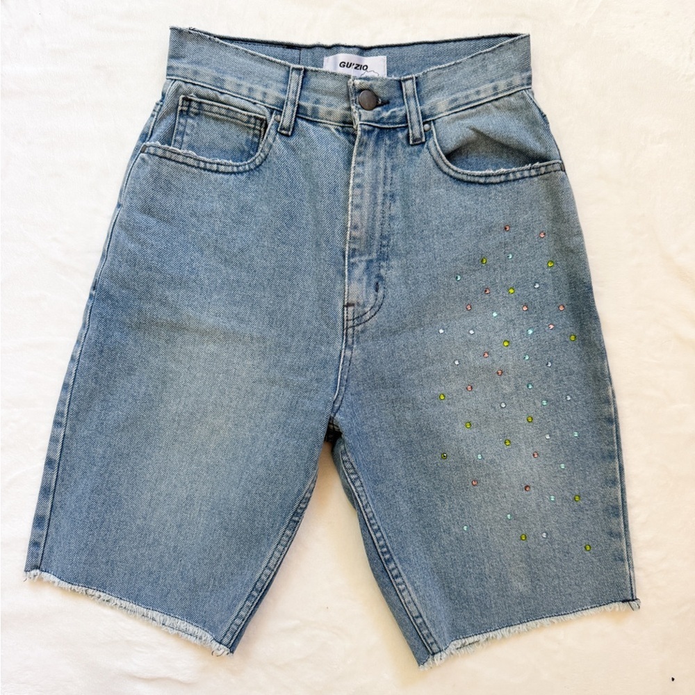Guizio Denim Embellished Rhinestone Shorts